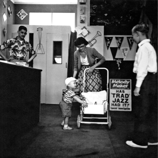 “Has ‘Trad’ Jazz Had It? Special Investigation.” Those were the days… Don Sollash, my mum Betty and me, and my cousin Ray, Brighton Shop, 1957